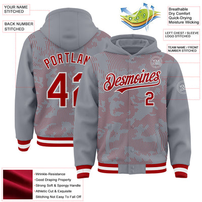 Custom Gray Red-White Curve Lines Bomber Full-Snap Varsity Letterman Hoodie Jacket