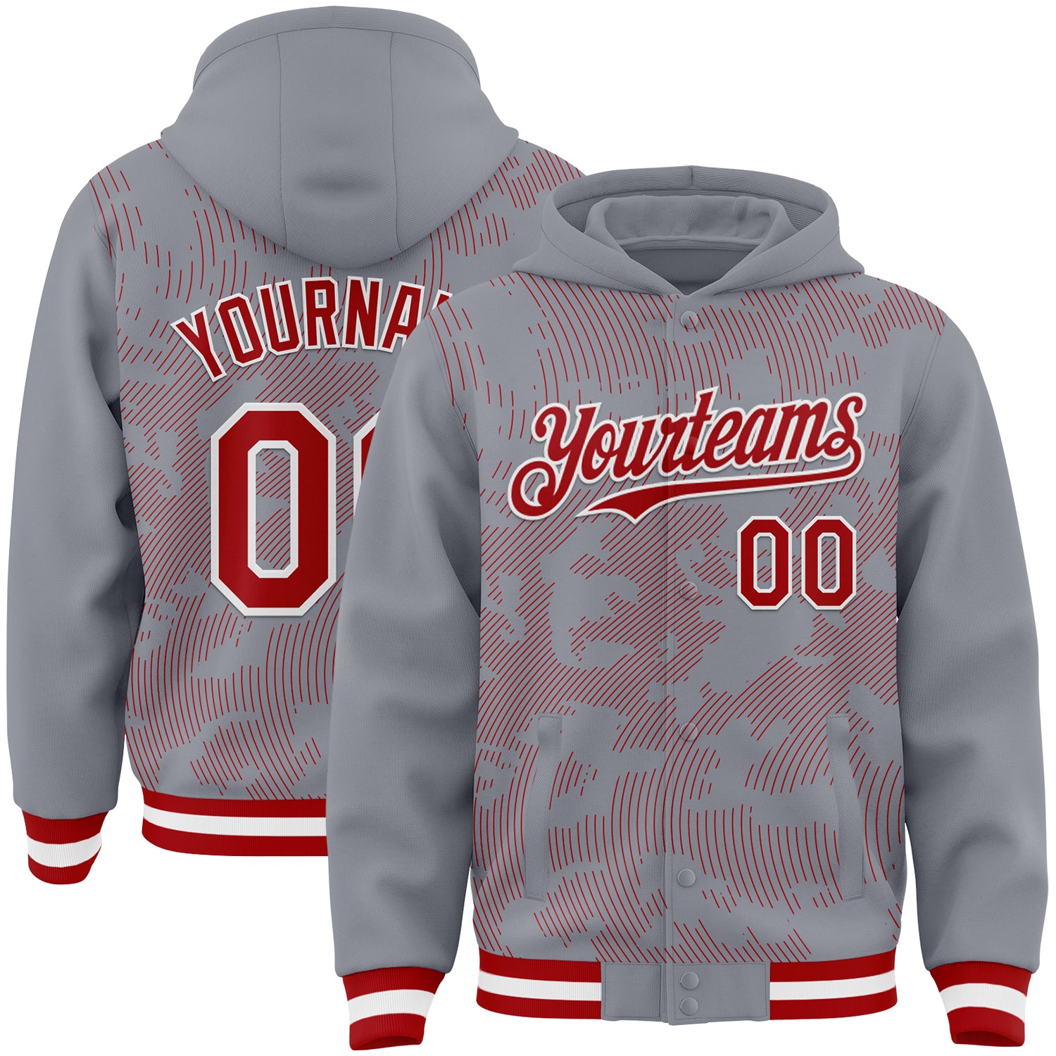 Custom Gray Red-White Curve Lines Bomber Full-Snap Varsity Letterman Hoodie Jacket