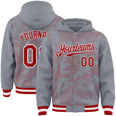 Custom Gray Red-White Curve Lines Bomber Full-Snap Varsity Letterman Hoodie Jacket
