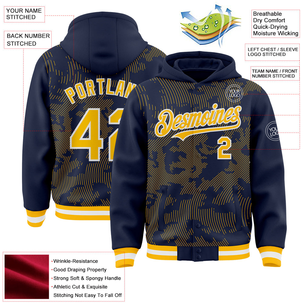 Custom Navy Gold-White Curve Lines Bomber Full-Snap Varsity Letterman Hoodie Jacket