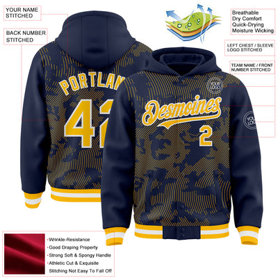Custom Navy Gold-White Curve Lines Bomber Full-Snap Varsity Letterman Hoodie Jacket