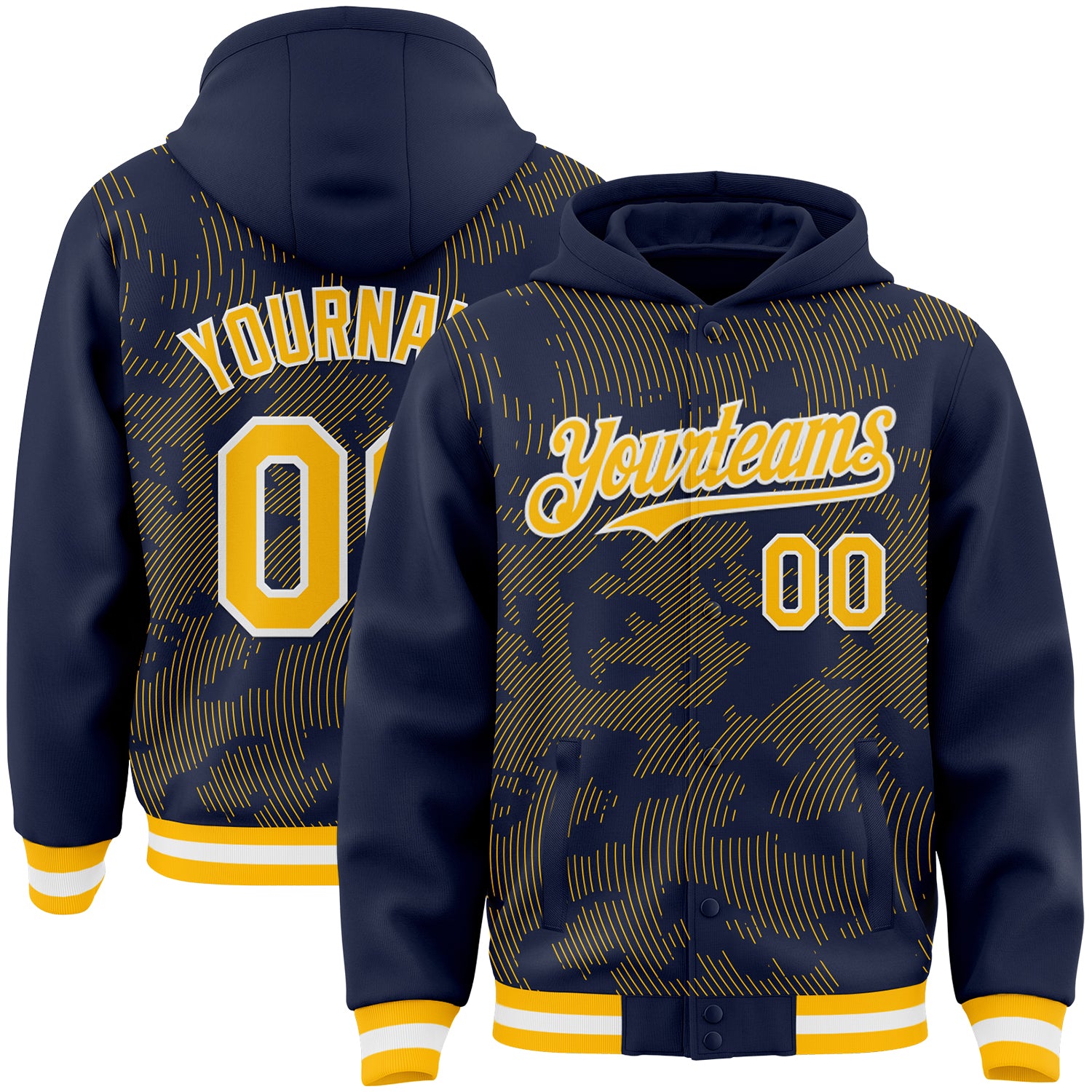 Custom Navy Gold-White Curve Lines Bomber Full-Snap Varsity Letterman Hoodie Jacket