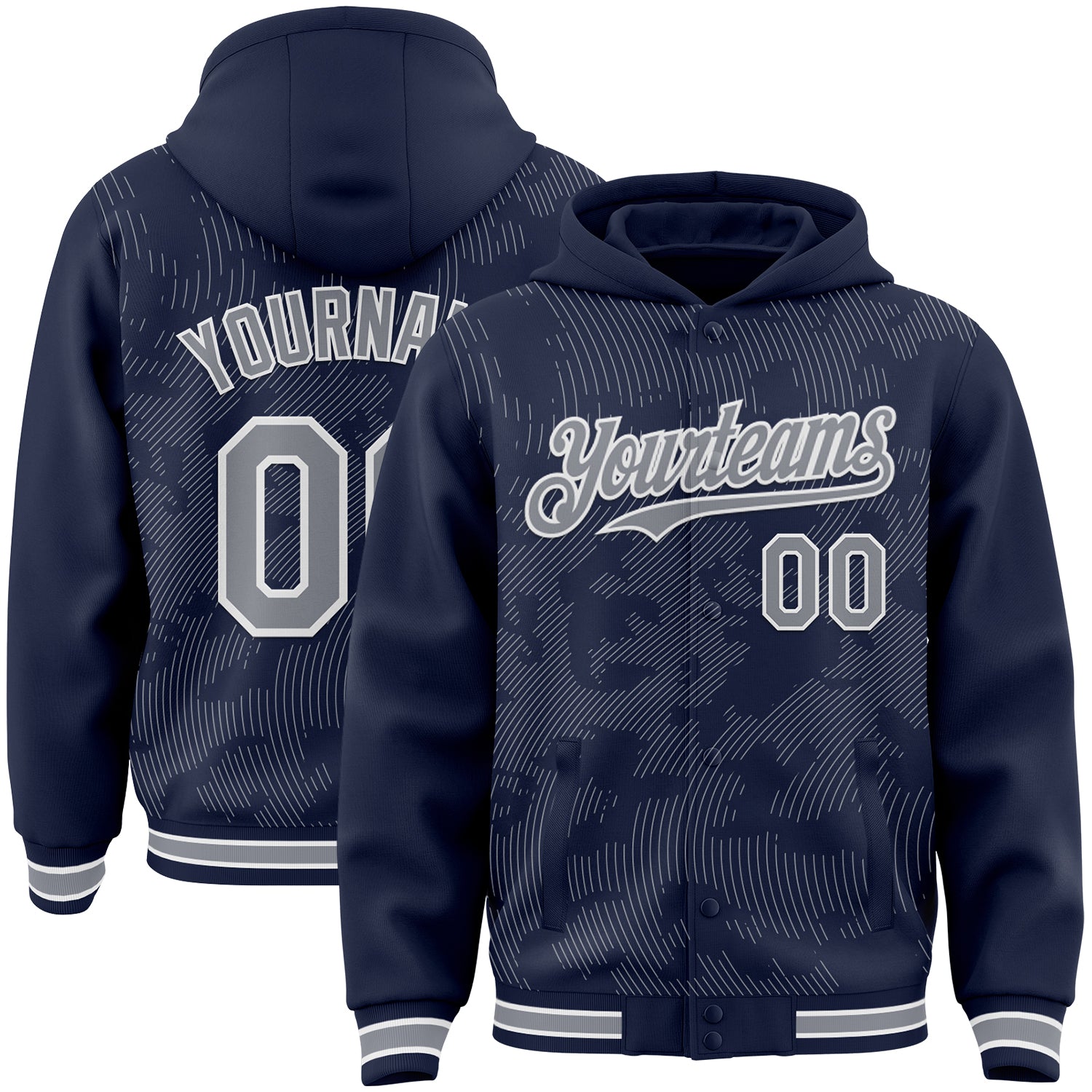 Custom Navy Gray-White Curve Lines Bomber Full-Snap Varsity Letterman Hoodie Jacket