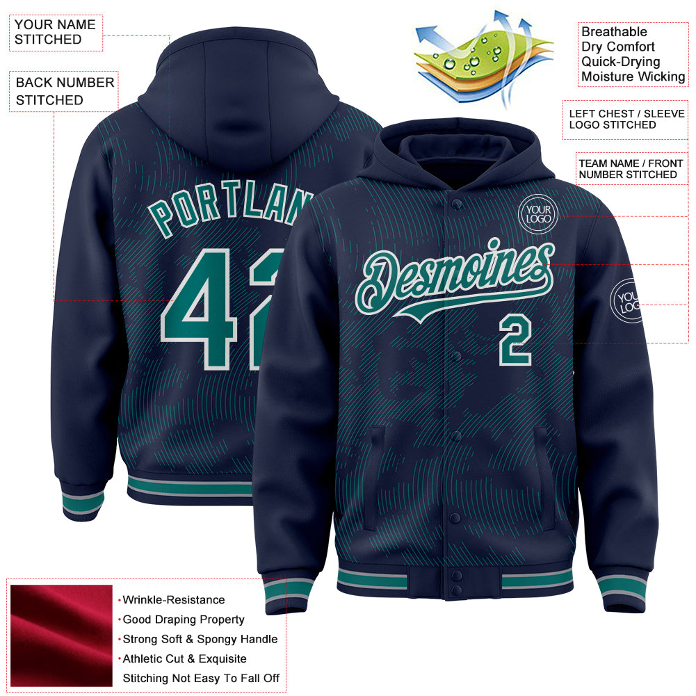 Custom Navy Teal-White Curve Lines Bomber Full-Snap Varsity Letterman Hoodie Jacket