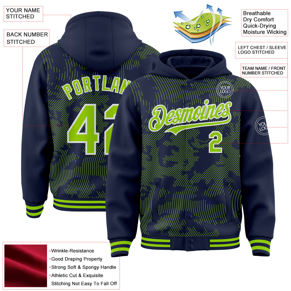 Custom Navy Neon Green-White Curve Lines Bomber Full-Snap Varsity Letterman Hoodie Jacket