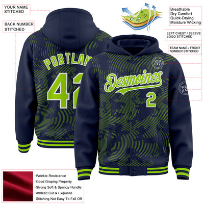 Custom Navy Neon Green-White Curve Lines Bomber Full-Snap Varsity Letterman Hoodie Jacket
