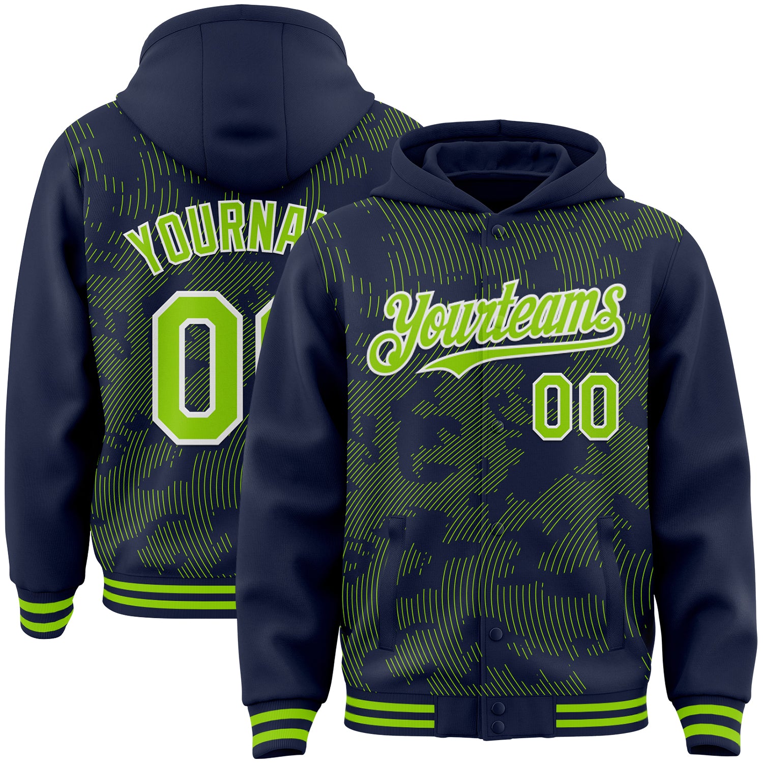 Custom Navy Neon Green-White Curve Lines Bomber Full-Snap Varsity Letterman Hoodie Jacket
