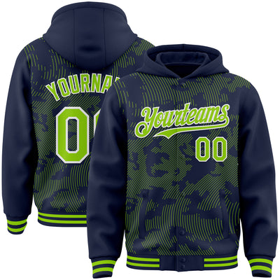 Custom Navy Neon Green-White Curve Lines Bomber Full-Snap Varsity Letterman Hoodie Jacket