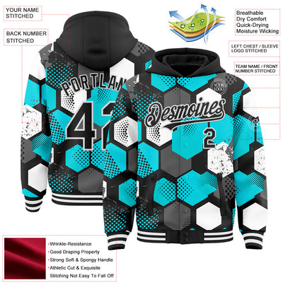 Custom Black Teal-White Geometric Shape Bomber Full-Snap Varsity Letterman Hoodie Jacket