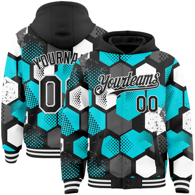 Custom Black Teal-White Geometric Shape Bomber Full-Snap Varsity Letterman Hoodie Jacket