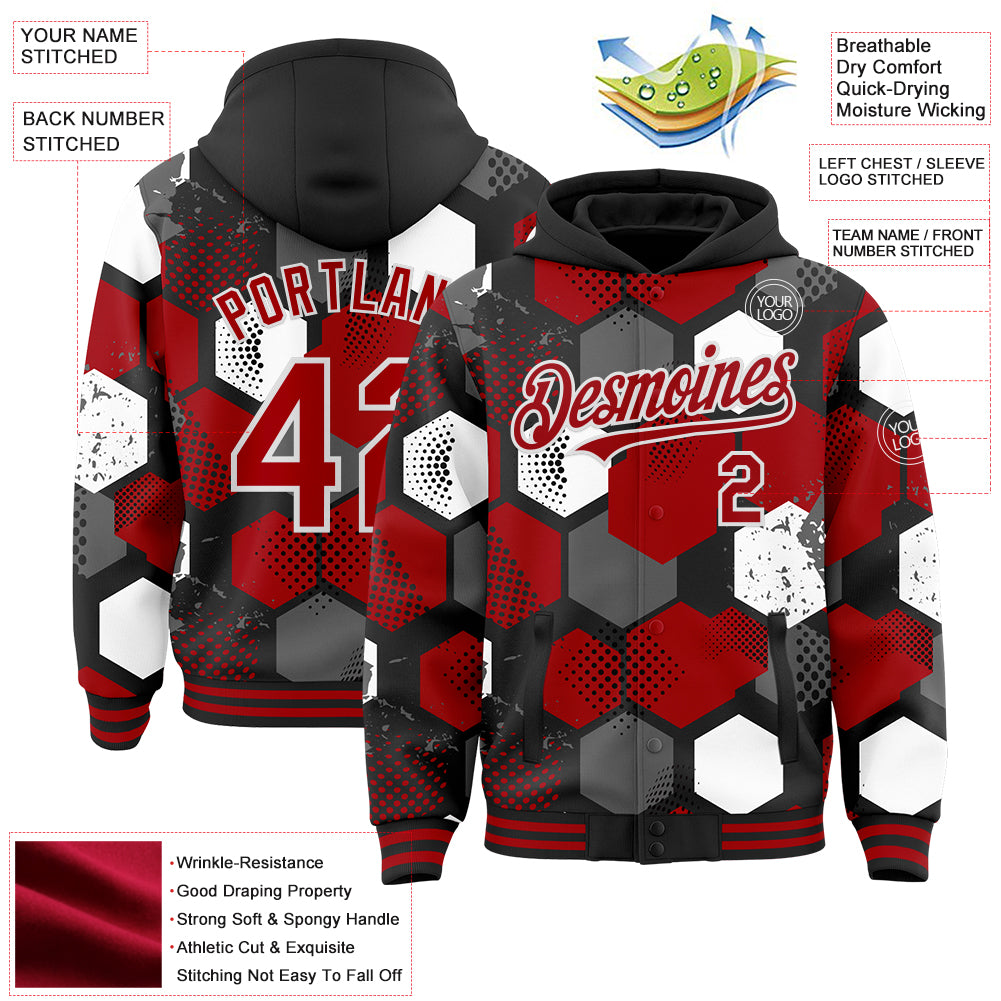Custom Black Red-White Geometric Shape Bomber Full-Snap Varsity Letterman Hoodie Jacket