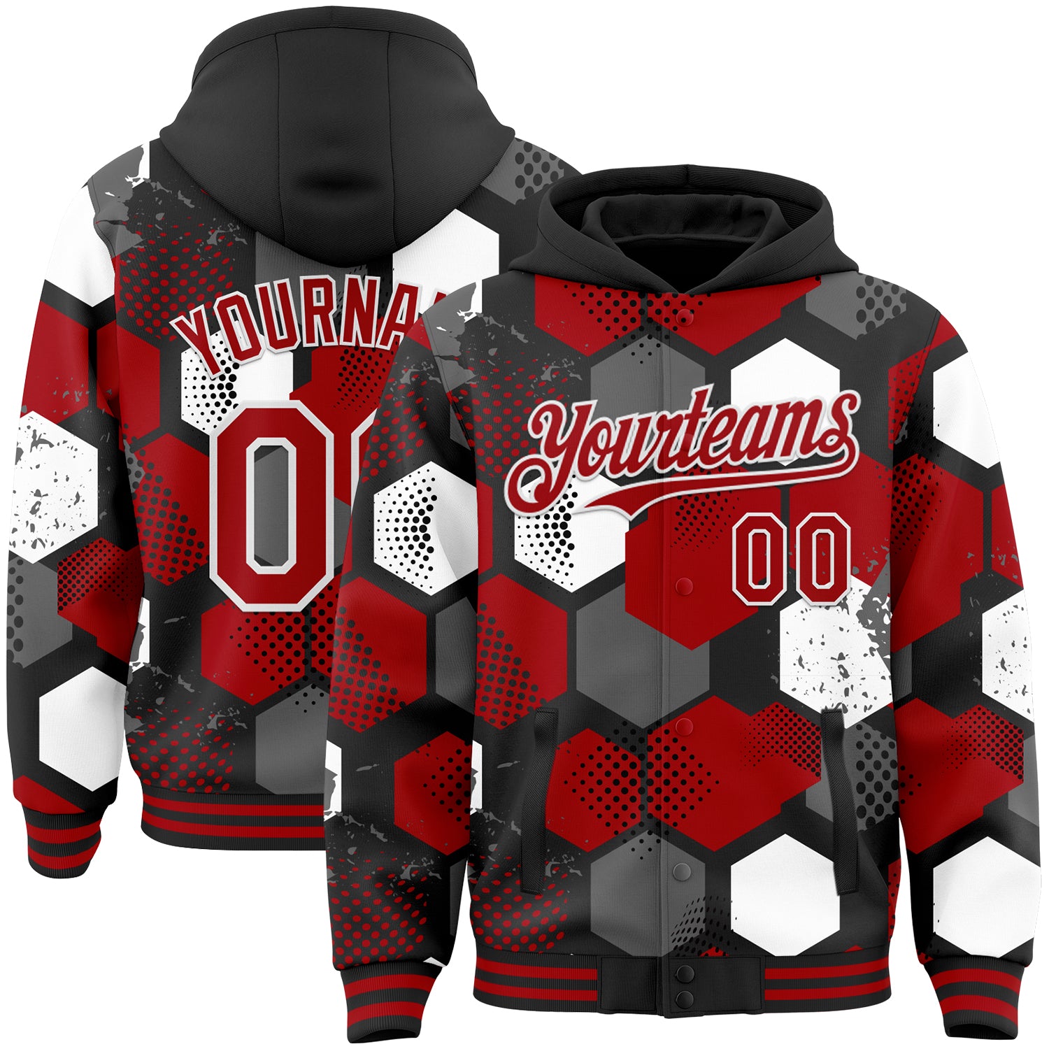 Custom Black Red-White Geometric Shape Bomber Full-Snap Varsity Letterman Hoodie Jacket