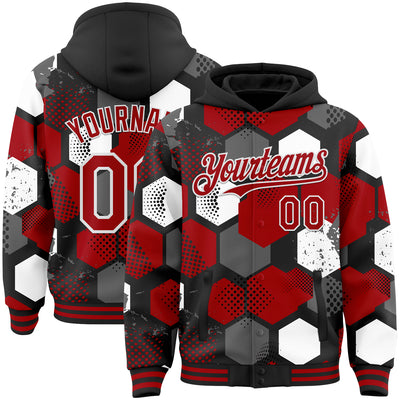 Custom Black Red-White Geometric Shape Bomber Full-Snap Varsity Letterman Hoodie Jacket