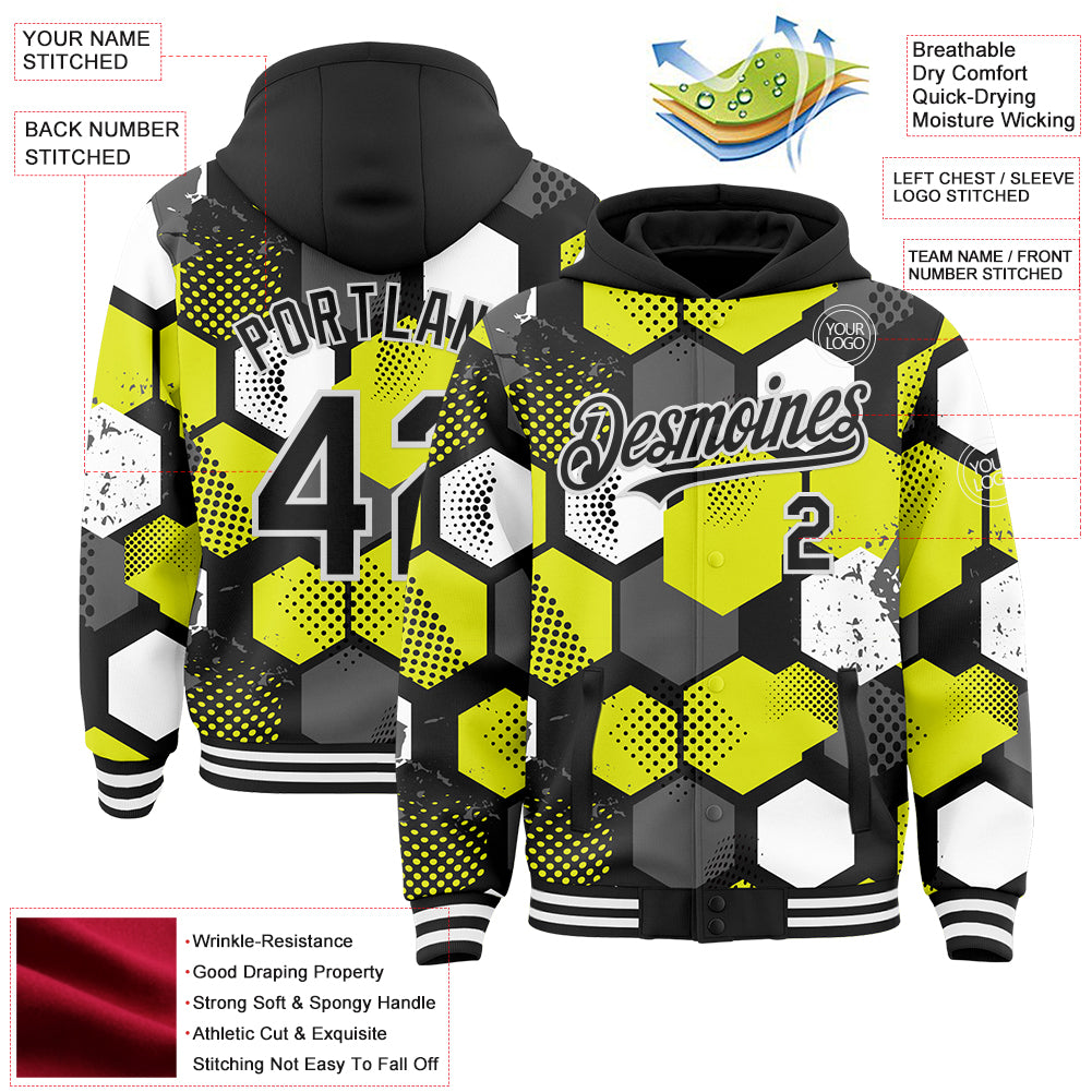Custom Black Neon Yellow-White Geometric Shape Bomber Full-Snap Varsity Letterman Hoodie Jacket