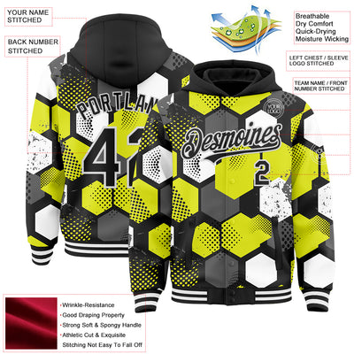 Custom Black Neon Yellow-White Geometric Shape Bomber Full-Snap Varsity Letterman Hoodie Jacket