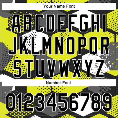 Custom Black Neon Yellow-White Geometric Shape Bomber Full-Snap Varsity Letterman Hoodie Jacket