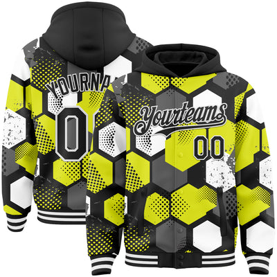 Custom Black Neon Yellow-White Geometric Shape Bomber Full-Snap Varsity Letterman Hoodie Jacket