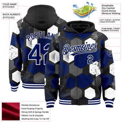 Custom Black Royal-White Geometric Shape Bomber Full-Snap Varsity Letterman Hoodie Jacket