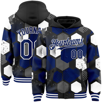 Custom Black Royal-White Geometric Shape Bomber Full-Snap Varsity Letterman Hoodie Jacket
