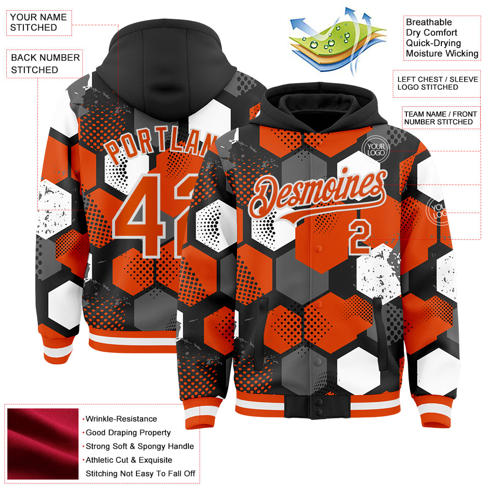 Custom Black Orange-White Geometric Shape Bomber Full-Snap Varsity Letterman Hoodie Jacket