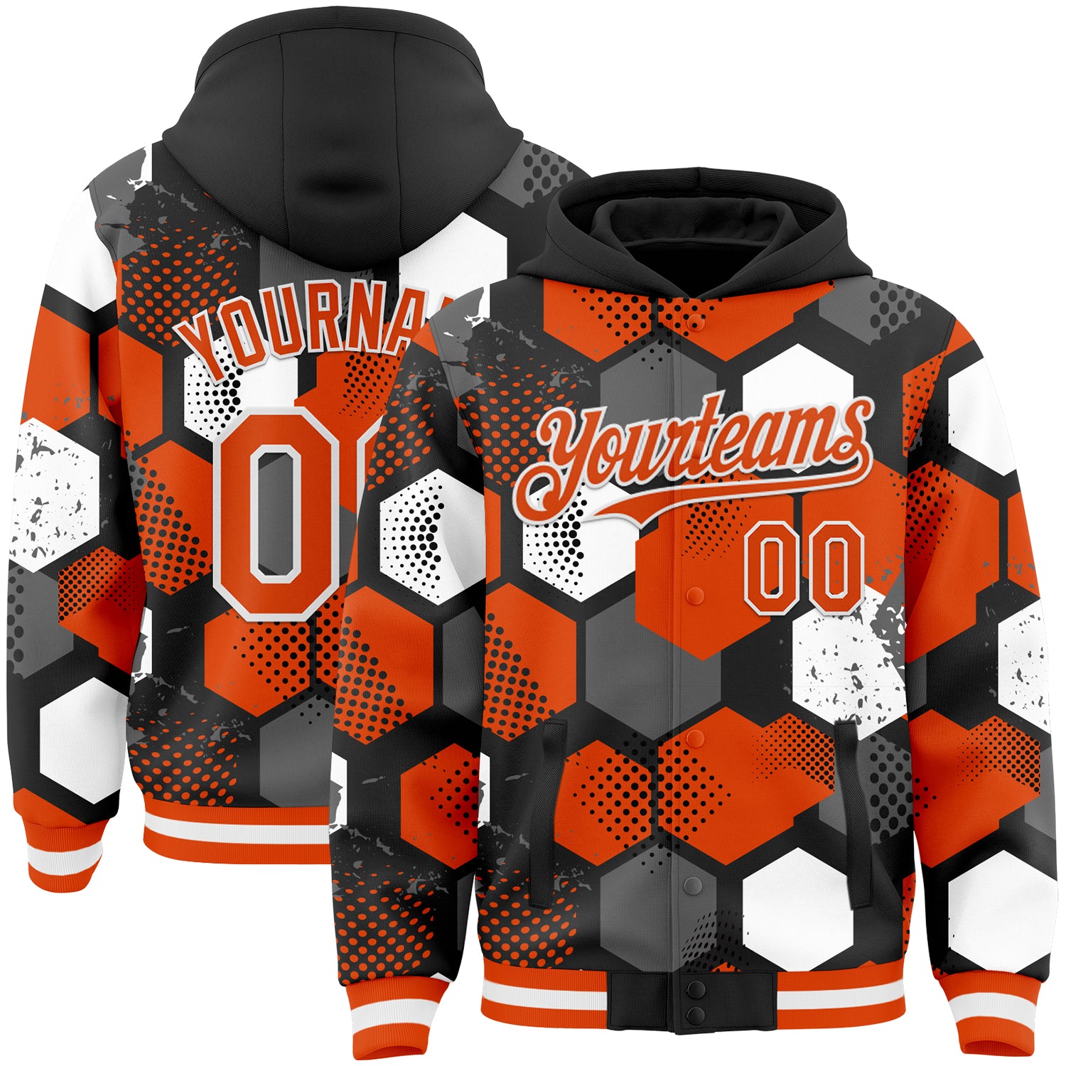 Custom Black Orange-White Geometric Shape Bomber Full-Snap Varsity Letterman Hoodie Jacket