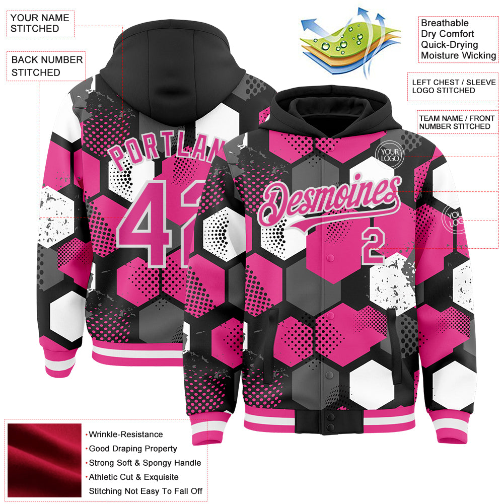 Custom Black Pink-White Geometric Shape Bomber Full-Snap Varsity Letterman Hoodie Jacket