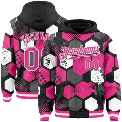 Custom Black Pink-White Geometric Shape Bomber Full-Snap Varsity Letterman Hoodie Jacket