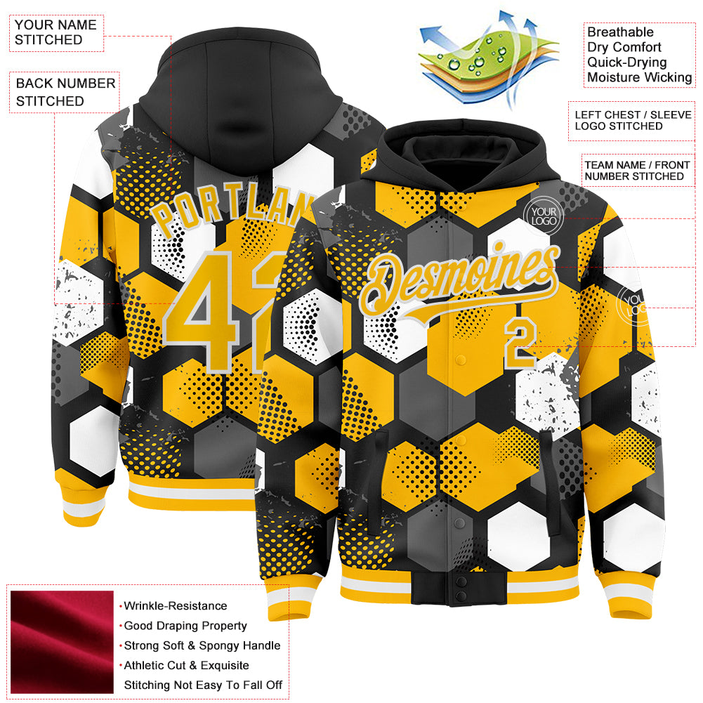 Custom Black Gold-White Geometric Shape Bomber Full-Snap Varsity Letterman Hoodie Jacket