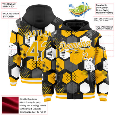 Custom Black Gold-White Geometric Shape Bomber Full-Snap Varsity Letterman Hoodie Jacket