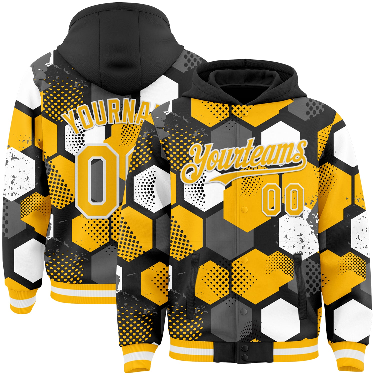 Custom Black Gold-White Geometric Shape Bomber Full-Snap Varsity Letterman Hoodie Jacket