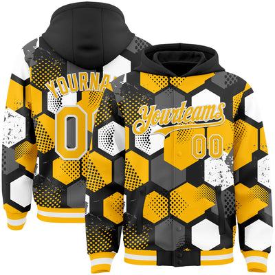 Custom Black Gold-White Geometric Shape Bomber Full-Snap Varsity Letterman Hoodie Jacket