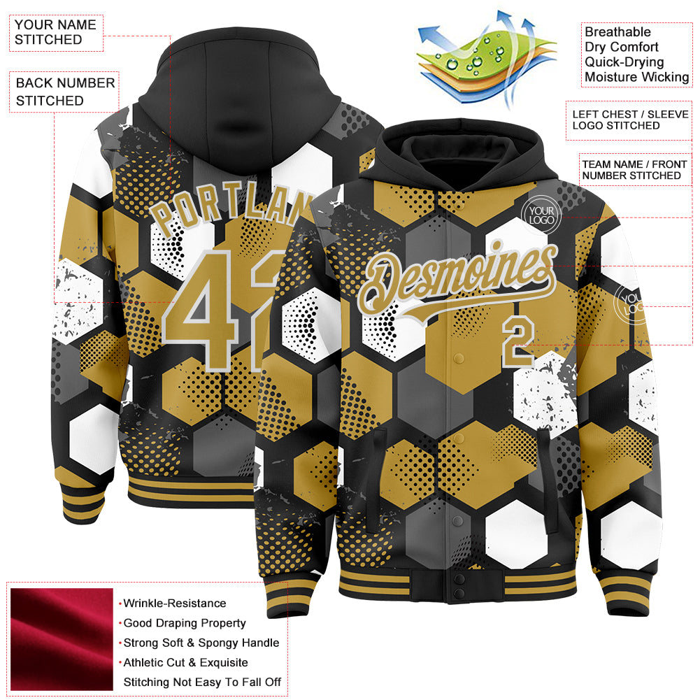 Custom Black Old Gold-White Geometric Shape Bomber Full-Snap Varsity Letterman Hoodie Jacket