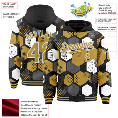 Custom Black Old Gold-White Geometric Shape Bomber Full-Snap Varsity Letterman Hoodie Jacket