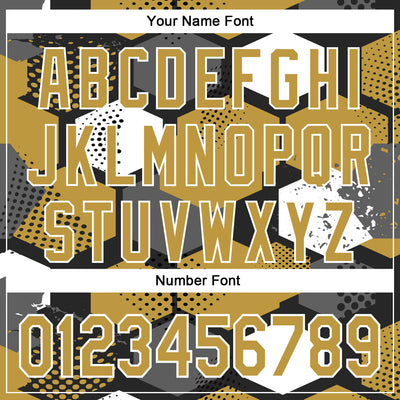 Custom Black Old Gold-White Geometric Shape Bomber Full-Snap Varsity Letterman Hoodie Jacket