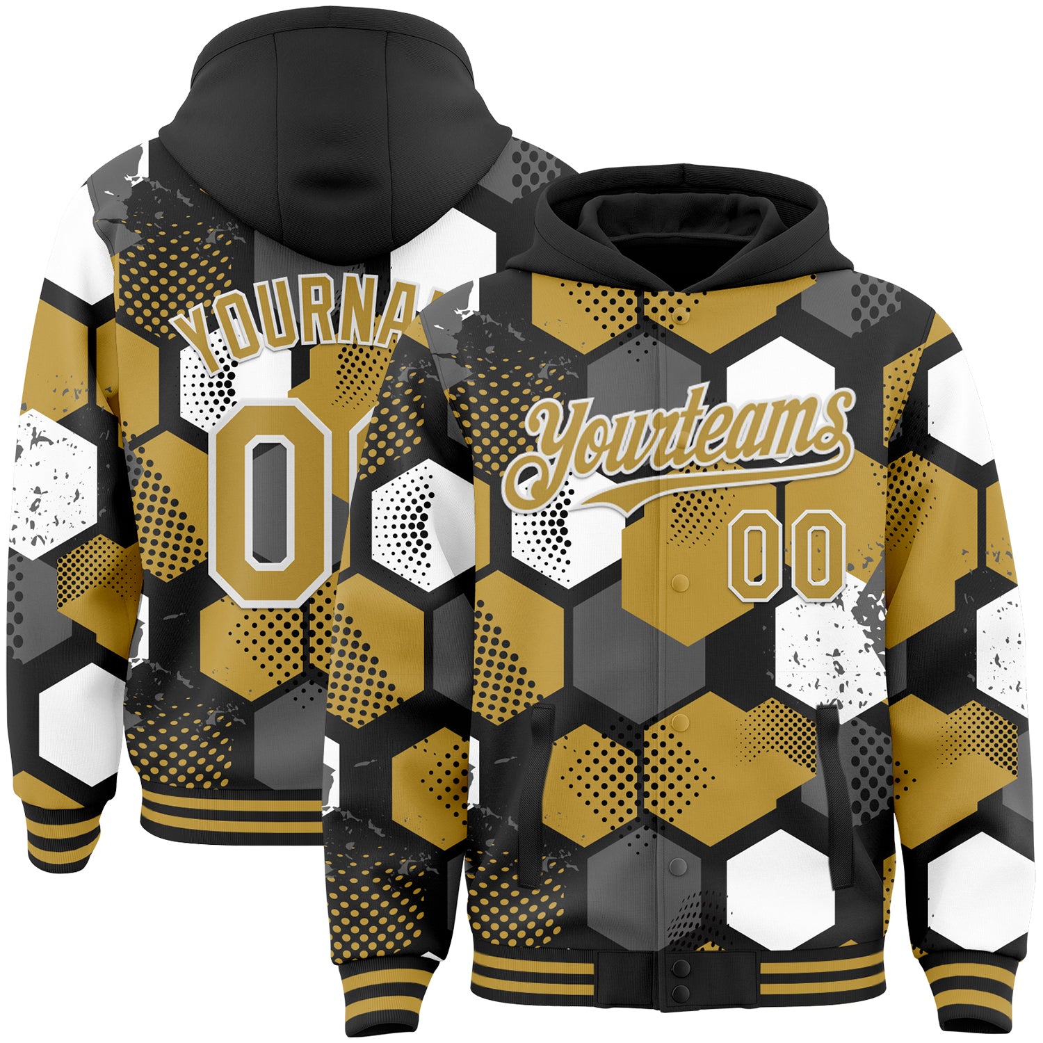 Custom Black Old Gold-White Geometric Shape Bomber Full-Snap Varsity Letterman Hoodie Jacket
