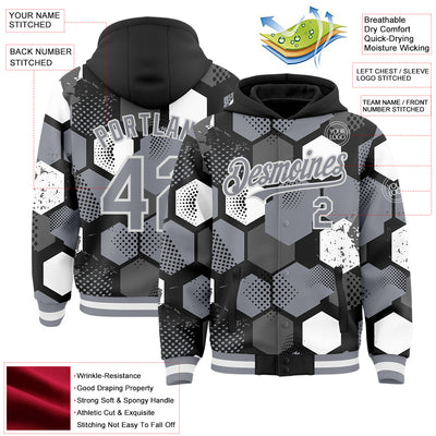 Custom Black Gray-White Geometric Shape Bomber Full-Snap Varsity Letterman Hoodie Jacket