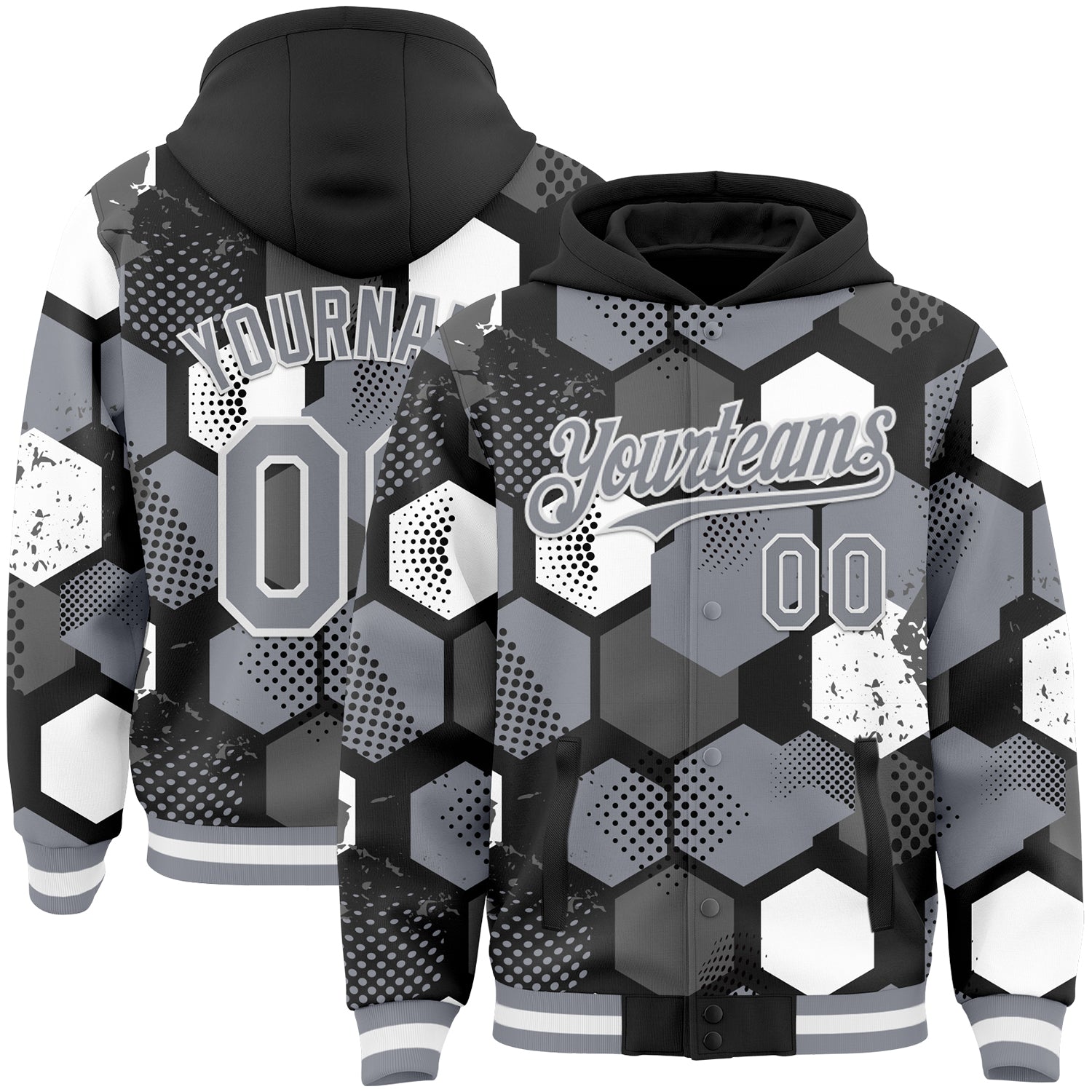 Custom Black Gray-White Geometric Shape Bomber Full-Snap Varsity Letterman Hoodie Jacket