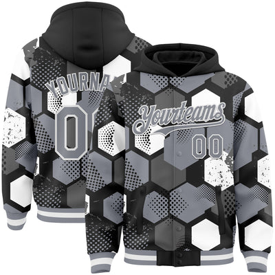 Custom Black Gray-White Geometric Shape Bomber Full-Snap Varsity Letterman Hoodie Jacket
