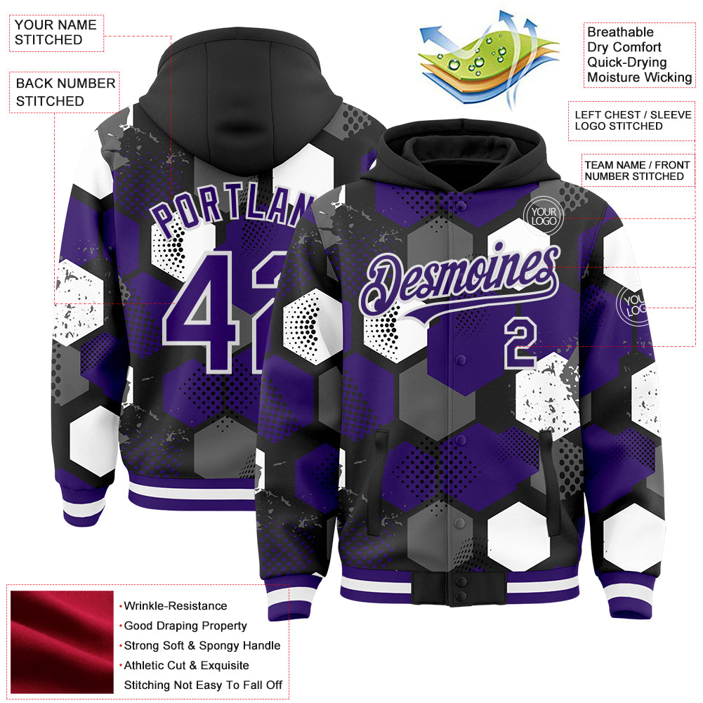 Custom Black Purple-White Geometric Shape Bomber Full-Snap Varsity Letterman Hoodie Jacket