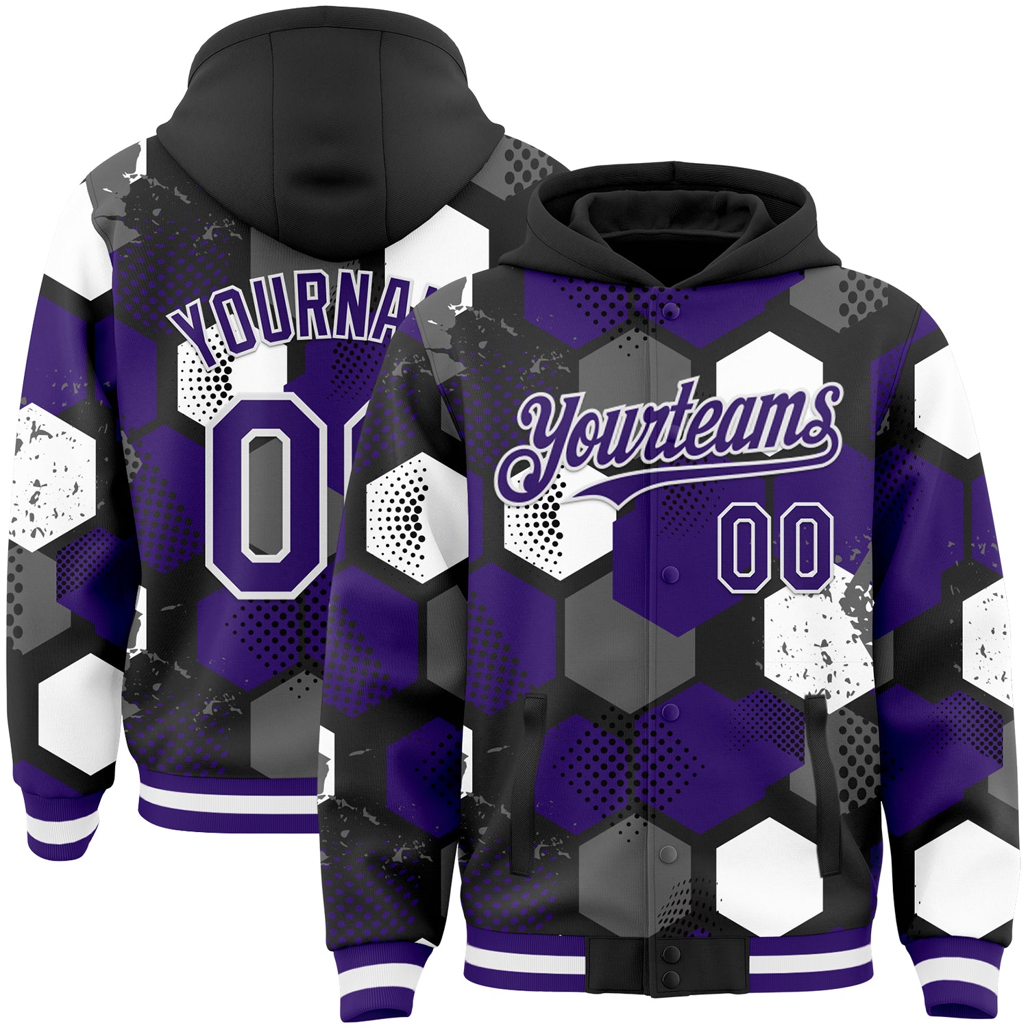 Custom Black Purple-White Geometric Shape Bomber Full-Snap Varsity Letterman Hoodie Jacket