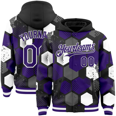 Custom Black Purple-White Geometric Shape Bomber Full-Snap Varsity Letterman Hoodie Jacket