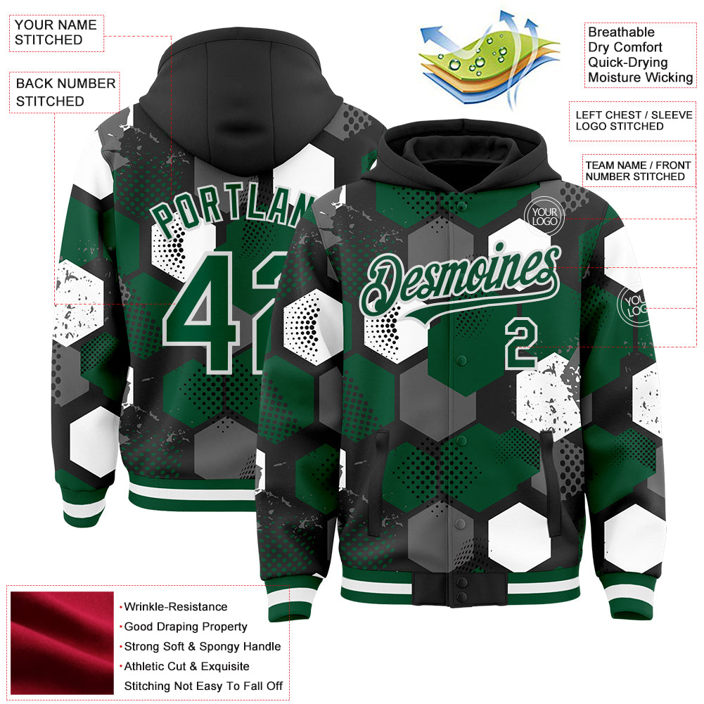 Custom Black Kelly Green-White Geometric Shape Bomber Full-Snap Varsity Letterman Hoodie Jacket