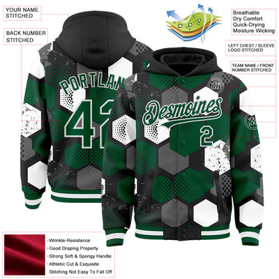 Custom Black Kelly Green-White Geometric Shape Bomber Full-Snap Varsity Letterman Hoodie Jacket