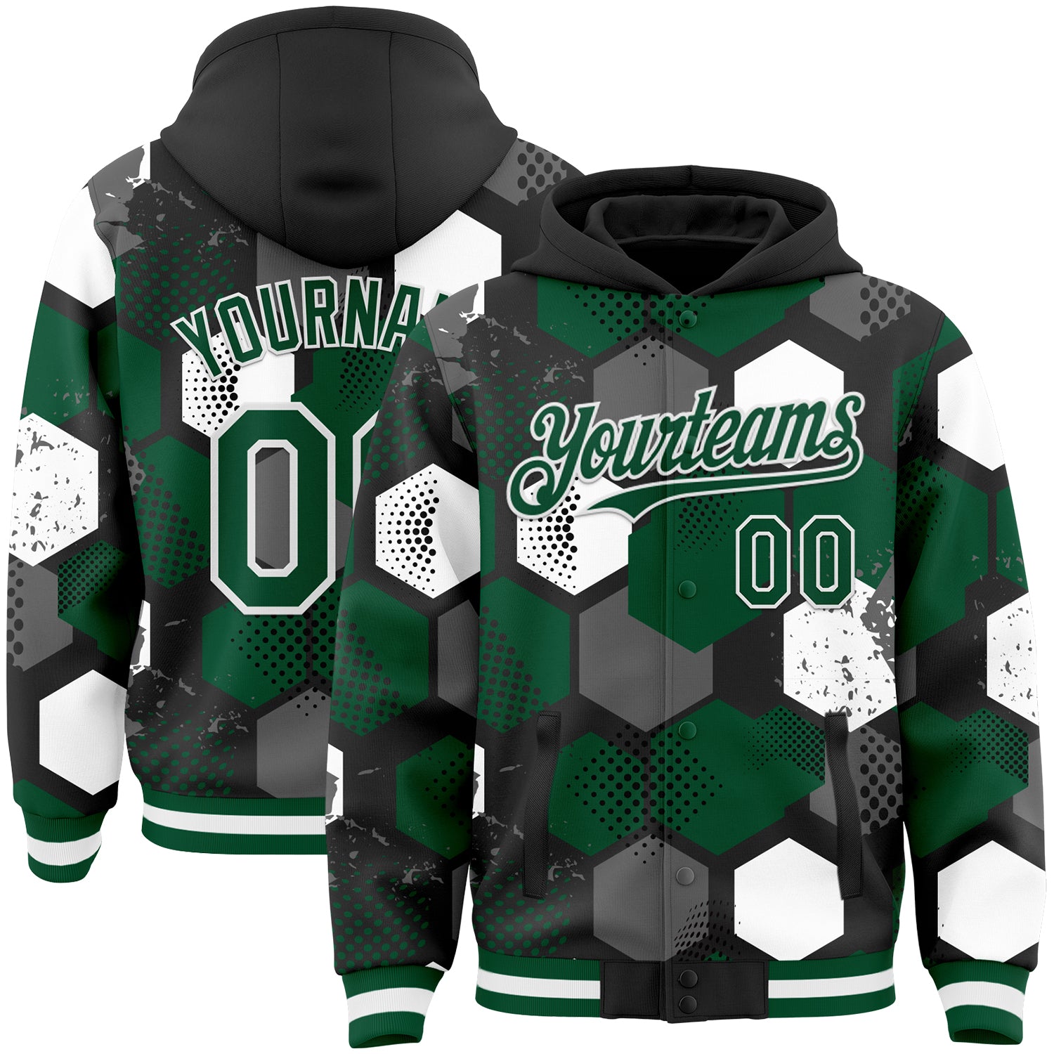Custom Black Kelly Green-White Geometric Shape Bomber Full-Snap Varsity Letterman Hoodie Jacket