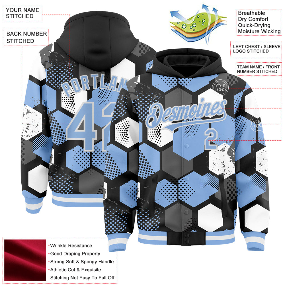 Custom Black Light Blue-White Geometric Shape Bomber Full-Snap Varsity Letterman Hoodie Jacket