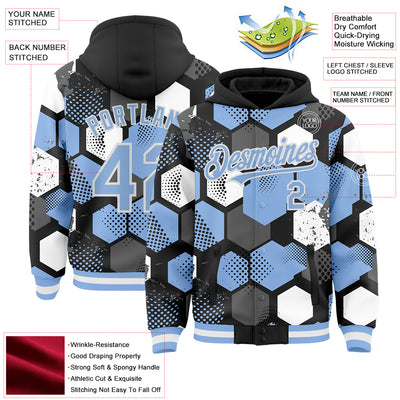 Custom Black Light Blue-White Geometric Shape Bomber Full-Snap Varsity Letterman Hoodie Jacket