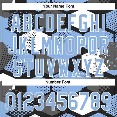 Custom Black Light Blue-White Geometric Shape Bomber Full-Snap Varsity Letterman Hoodie Jacket