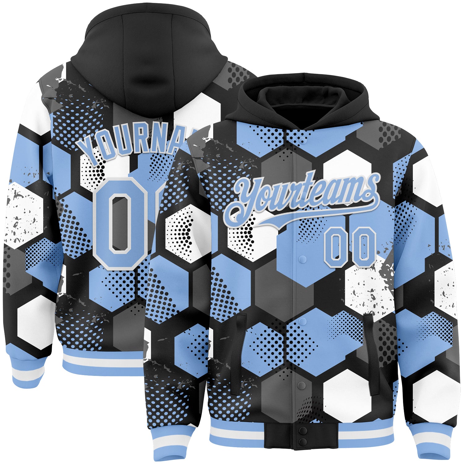 Custom Black Light Blue-White Geometric Shape Bomber Full-Snap Varsity Letterman Hoodie Jacket