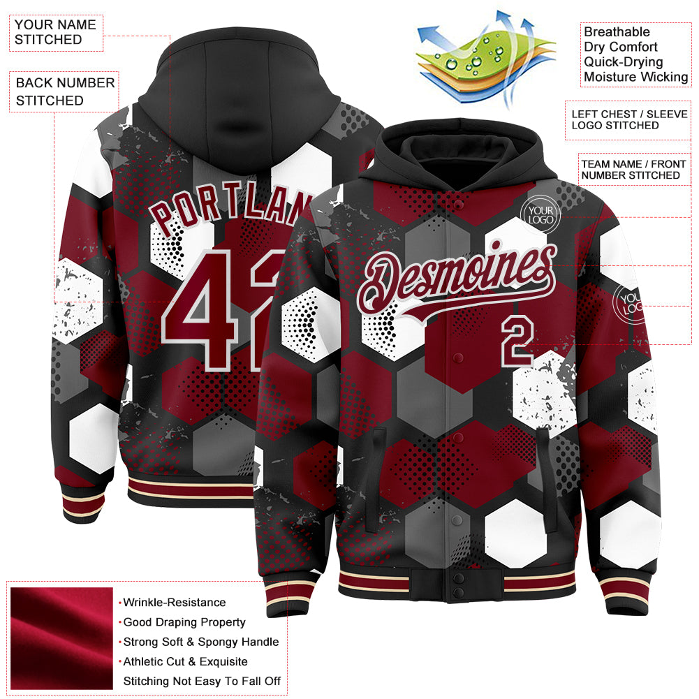 Custom Black Crimson-White Geometric Shape Bomber Full-Snap Varsity Letterman Hoodie Jacket