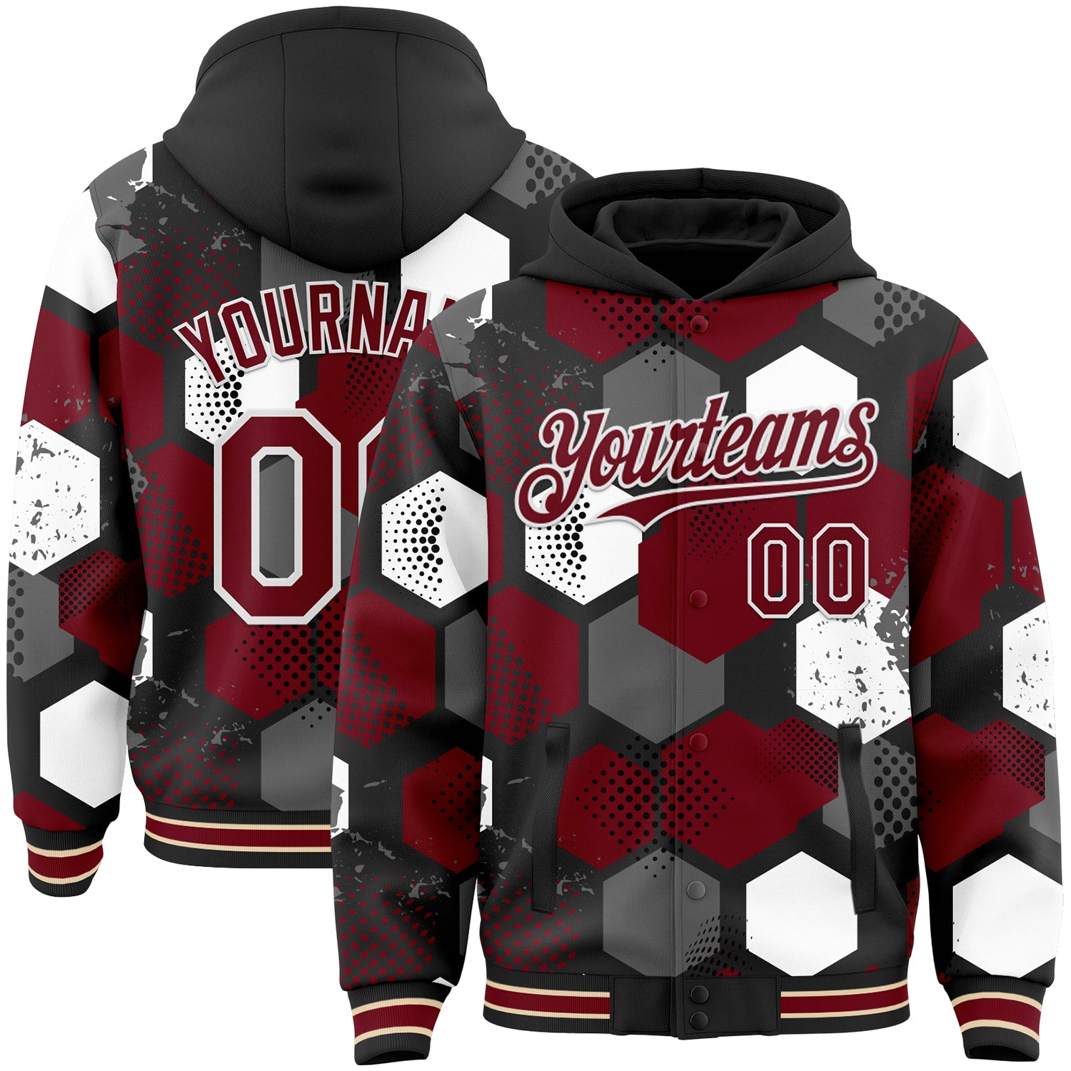 Custom Black Crimson-White Geometric Shape Bomber Full-Snap Varsity Letterman Hoodie Jacket